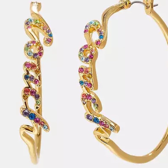 COACH Gold Tone Hypoallergenic Rainbow Crystal Logo Script Hoop Earrings - Picture 3 of 10